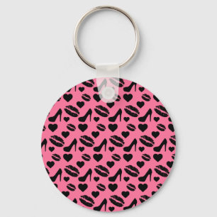 Black High Heels Kisses Lips Girly Makeup Hearts Keychain