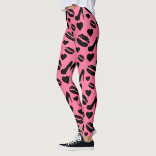 Black High Heels Kisses Lips Girly Makeup Hearts Leggings