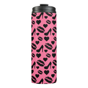 Black High Heels Kisses Lips Girly Makeup Hearts Thermal Tumbler