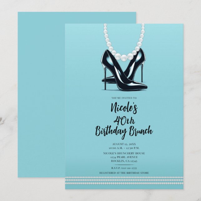 Black High Heels Pearls Turquoise Birthday Brunch Invitation (Front/Back)