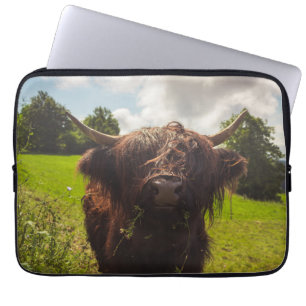 Black highland cow grazing green field sun light laptop sleeve