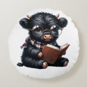 Black Highland Cow Reading A Book Round Pillow