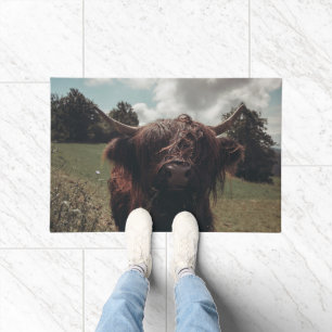 Black highland Scottish cow grazing vintage retro Doormat