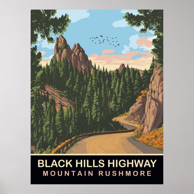 Black Hills Highway, Mount Rushmore, SD, Travel Poster (Front)