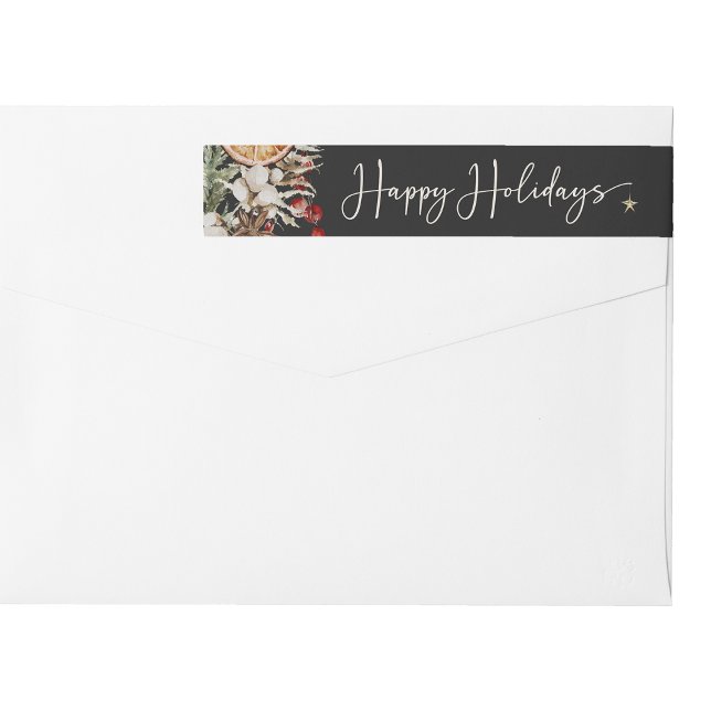 Black Holiday envelopper autour du Étiquette (Black Boho Botanical Happy Holidays Wrap Around Label
)