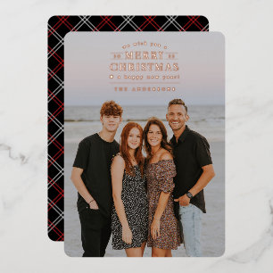Black Holiday Plaid Photo Foil Christmas Card
