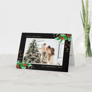 Black Holly Berries Photo Merry Christmas Card