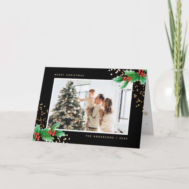 Black Holly Berries Photo Merry Christmas Card (Front)