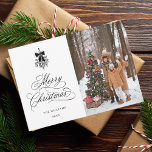 Black Holly Berry Bouquet Christmas Photo Flat Holiday Card<br><div class="desc">This photo Christmas flat card features elegant and romantic swirly calligraphy lettering with a winter holly berry bouquet and a Christmas tree pattern on the back. For more advanced customization of this design,  please click the BLUE DESIGN TOOL BUTTON above!</div>