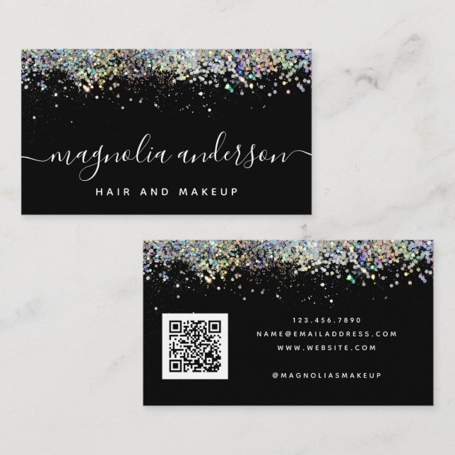 Black Holographic Glitter QR Code Business Card (Front/Back)
