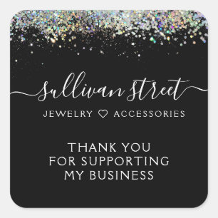 Black Holographic Glitter Small Business Thank You Square Sticker