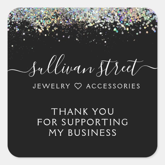 Black Holographic Glitter Small Business Thank You Square Sticker (Front)
