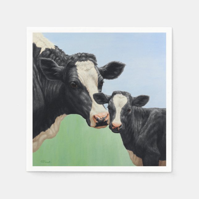 Black Holstein Cow & Cute Calf Napkin (Front)