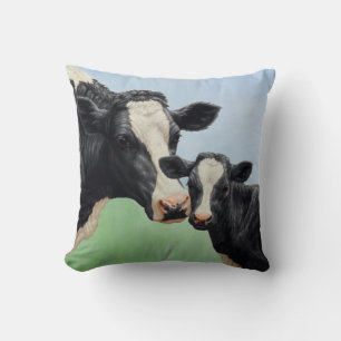 Black Holstein Cow & Cute Calf Throw Pillow
