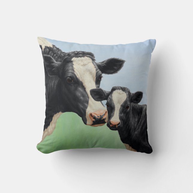 Black Holstein Cow & Cute Calf Throw Pillow (Front)