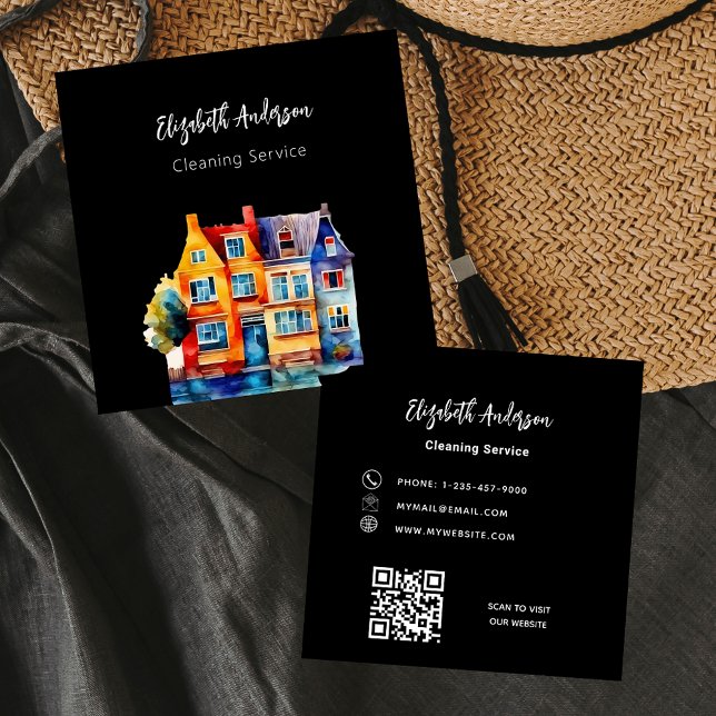 Black home cleaning service QR code Square Business Card (Creator Uploaded)