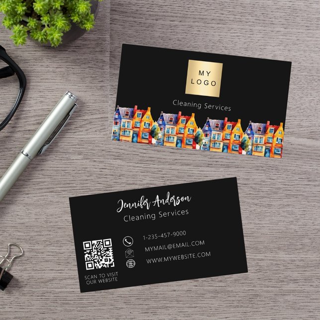 Black home cleaning services QR code logo Business Card (Creator Uploaded)