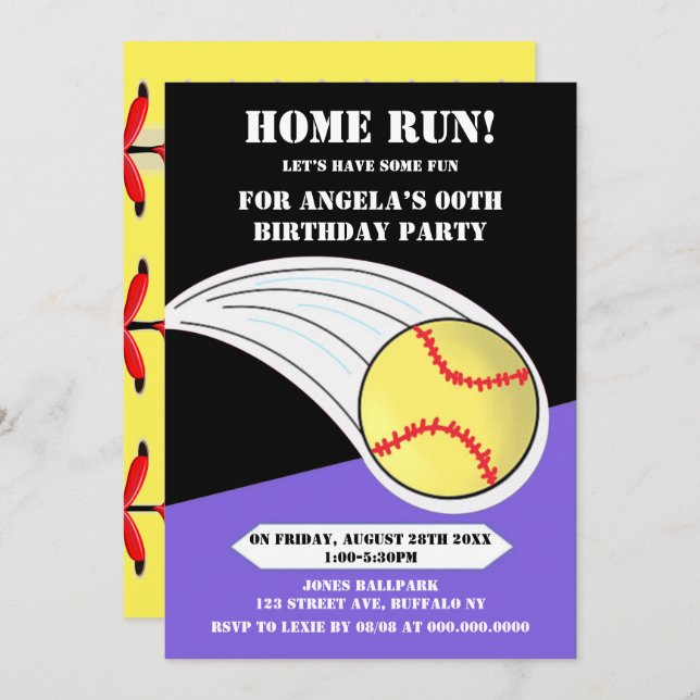 Black Home Run Softball Birthday Party  (Front/Back)