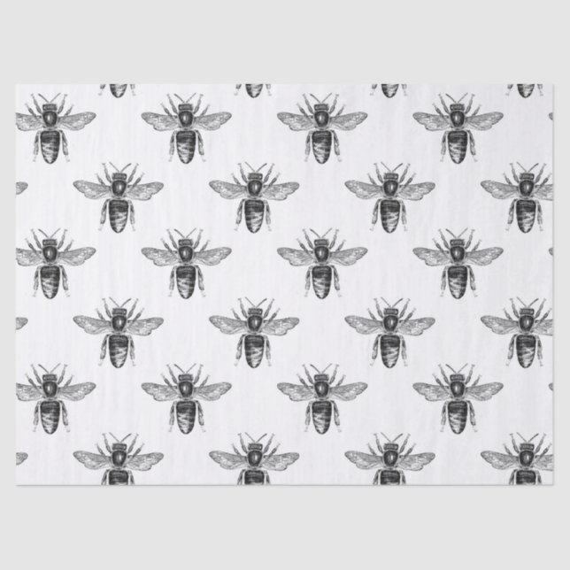 Black Honey Bees on White Decoupage Tissue Paper (Front)