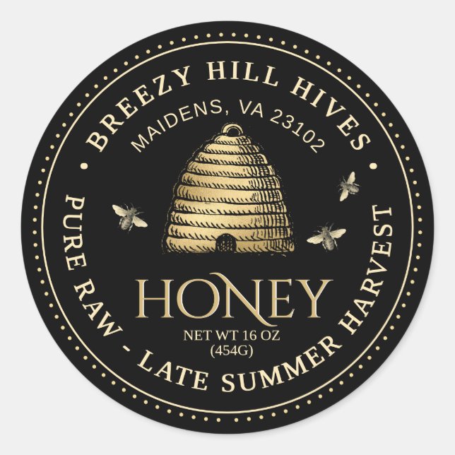 Black Honey Jar Label (Gold Skep) Dotted Border (Front)