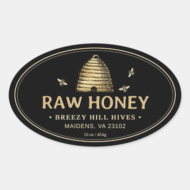 Black Honey Label Gold Skep Bees Double Border (Front)