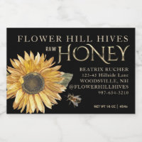 Black Honey Label Sunflower Bee Metallic Gold Text