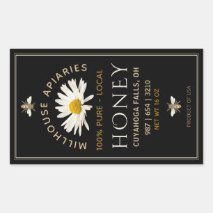 Black Honey Label with Honey bees and Daisy