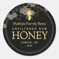 Black Honey Label with Stylized Bee and Honeycomb