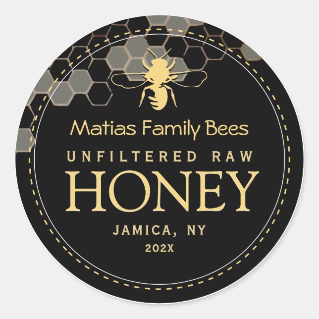 Black Honey Label with Stylized Bee and Honeycomb (Front)