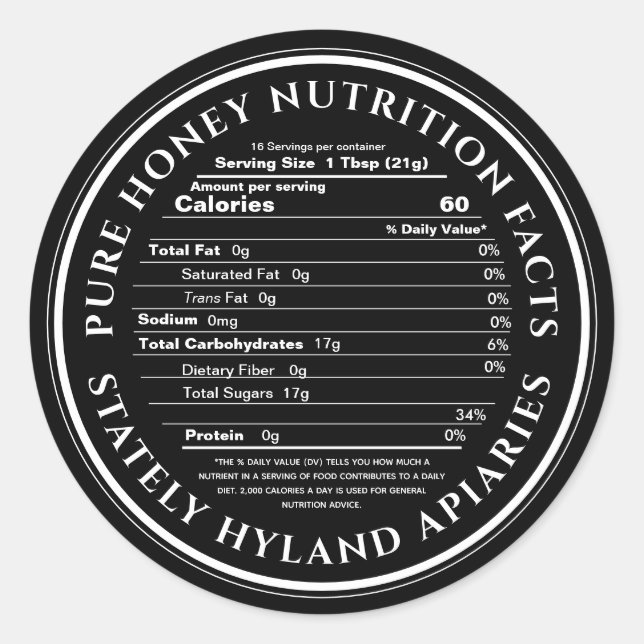 Black Honey Nutrition Facts Étiquette Apiary Nom (Devant)