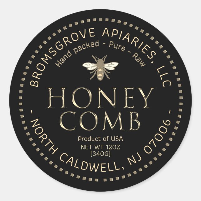 Black Honeycomb Sticker Metallic Gold with Bee (Front)