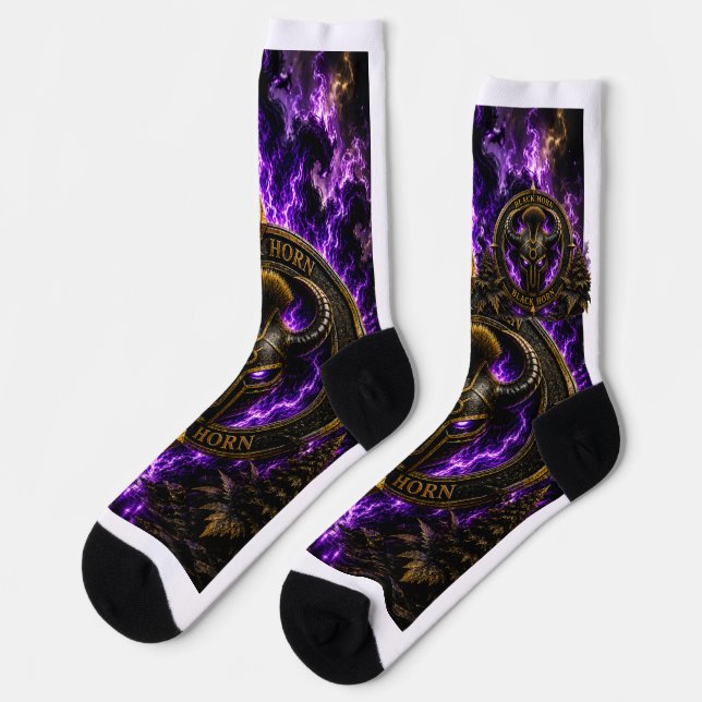 Black Horn Socks – Viking Helmet with Flame (Left)