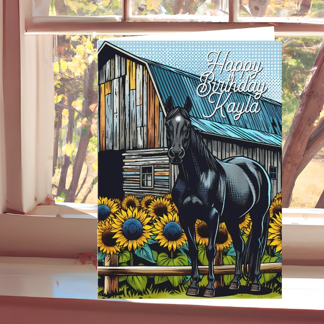 Black Horse and Sunflowers Birthday Personalized Card (Creator Uploaded)