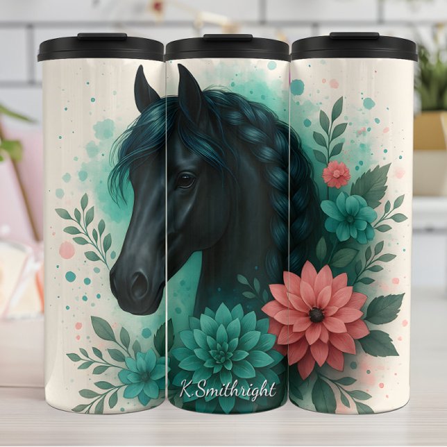 Black Horse Braided Mane Florals Thermal Tumbler (Creator Uploaded)