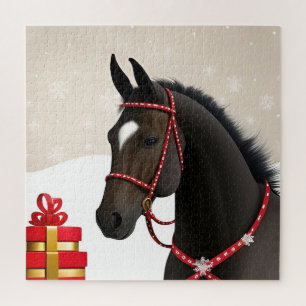Black Horse Christmas Scene For Holiday Family Fun Jigsaw Puzzle