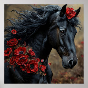 Black Horse Decorated With Vibrant Red Flowers Poster