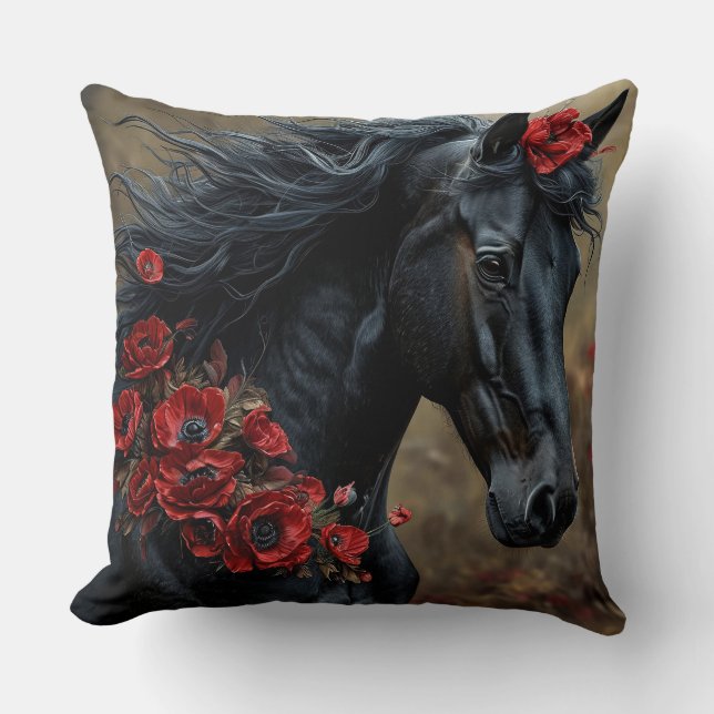 Black Horse Decorated With Vibrant Red Flowers Throw Pillow (Front)
