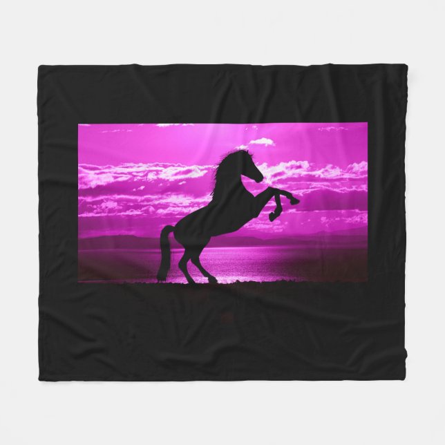 Black horse fleece blanket/purple background. blanket (Front (Horizontal))