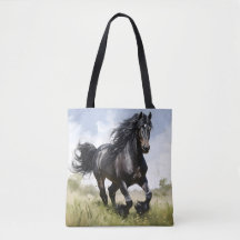 Black Horse Galloping Through Grass