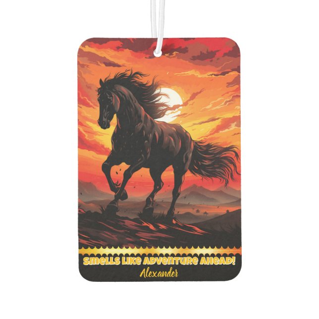 Black horse gallops at fiery sunset air freshener (Back)