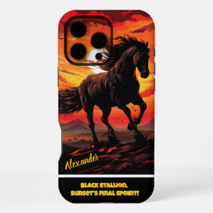 Black horse gallops at fiery sunset iPhone 16 pro max case