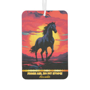 Black horse gallops at sunset by mountains air freshener