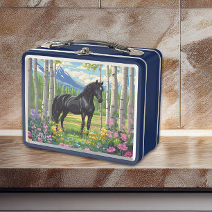 Black Horse Girls Flowers Meadow Pink Blue Fun Metal Lunch Box