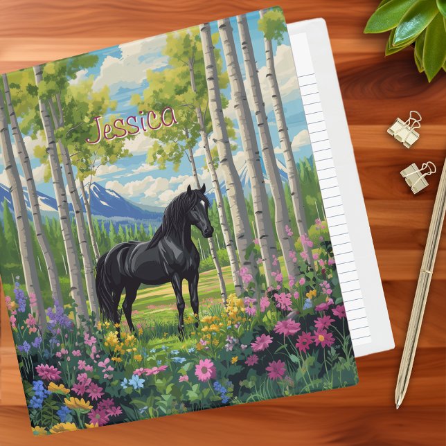 Black Horse Girls Wildflowers Pink Purple Blue Binder (Black Horse Girls Wildflowers Pink Purple Blue Personalized 3 Ring Binder)