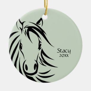 Black Horse Head Green Name n Year Ceramic Ornament