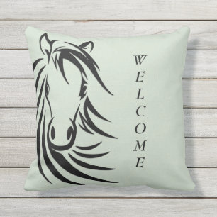 Black Horse Head Green Outdoor Pillow