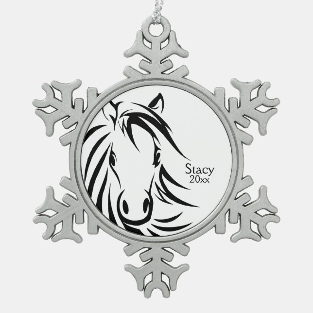 Black Horse Head Snowflake Pewter Christmas Ornament (Front)