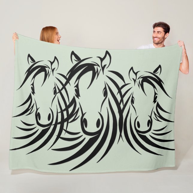 Black Horse Heads Green Fleece Blanket (In Situ)