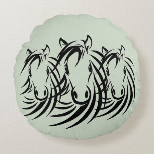 Black Horse Heads Green Round Pillow