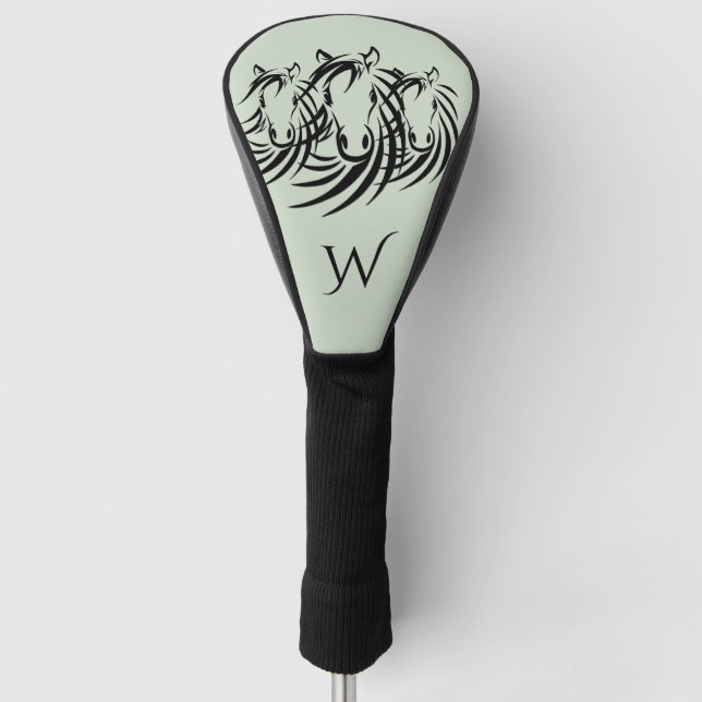 Black Horse Heads on Green Initial Golf Head Cover (Front)